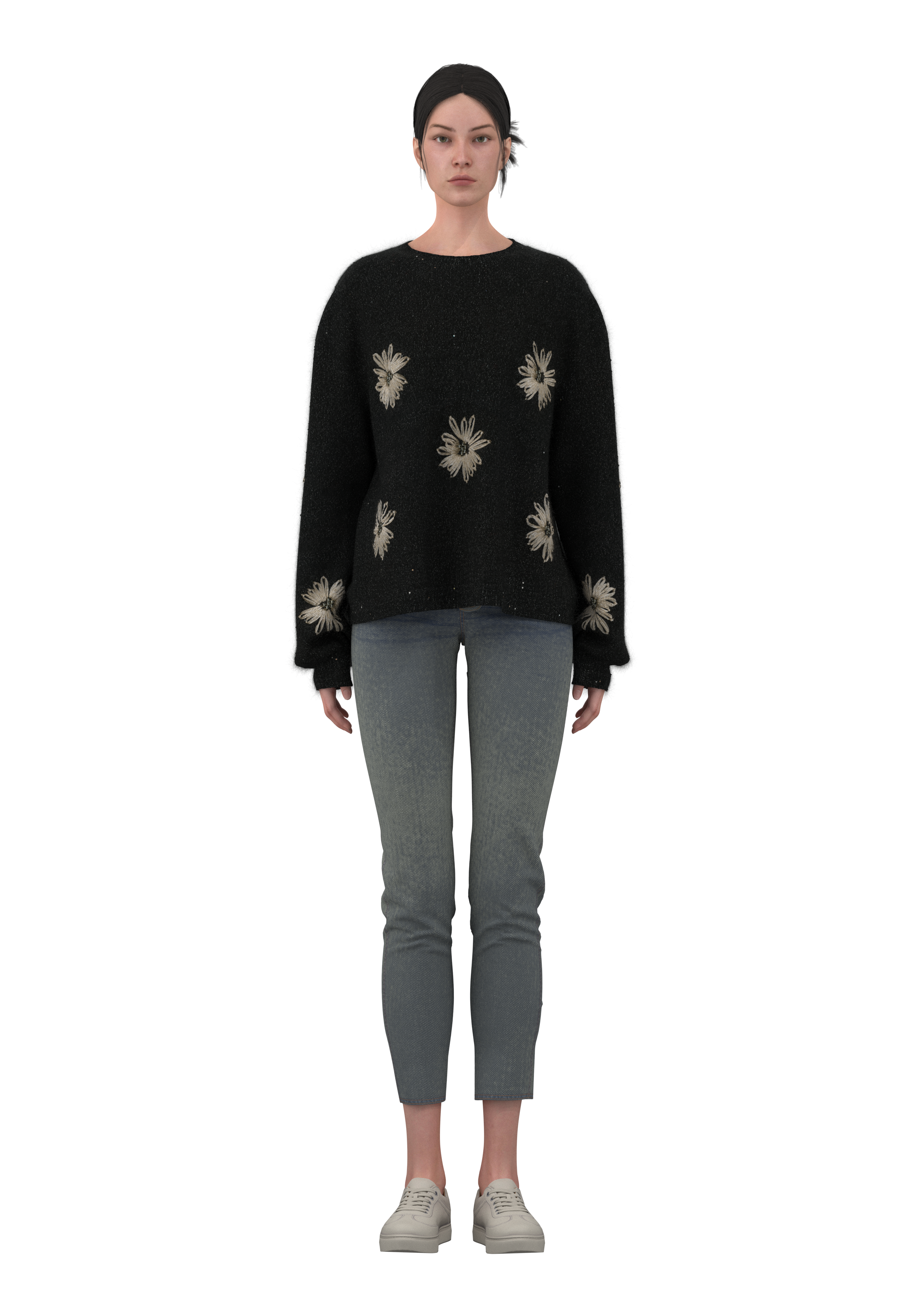  女式圆领手工钩编刺绣套头衫