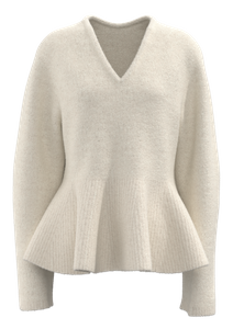 女式 V 领羊腿袖收腰荷叶边下摆毛衣