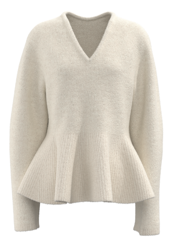 女式 V 领羊腿袖收腰荷叶边下摆毛衣