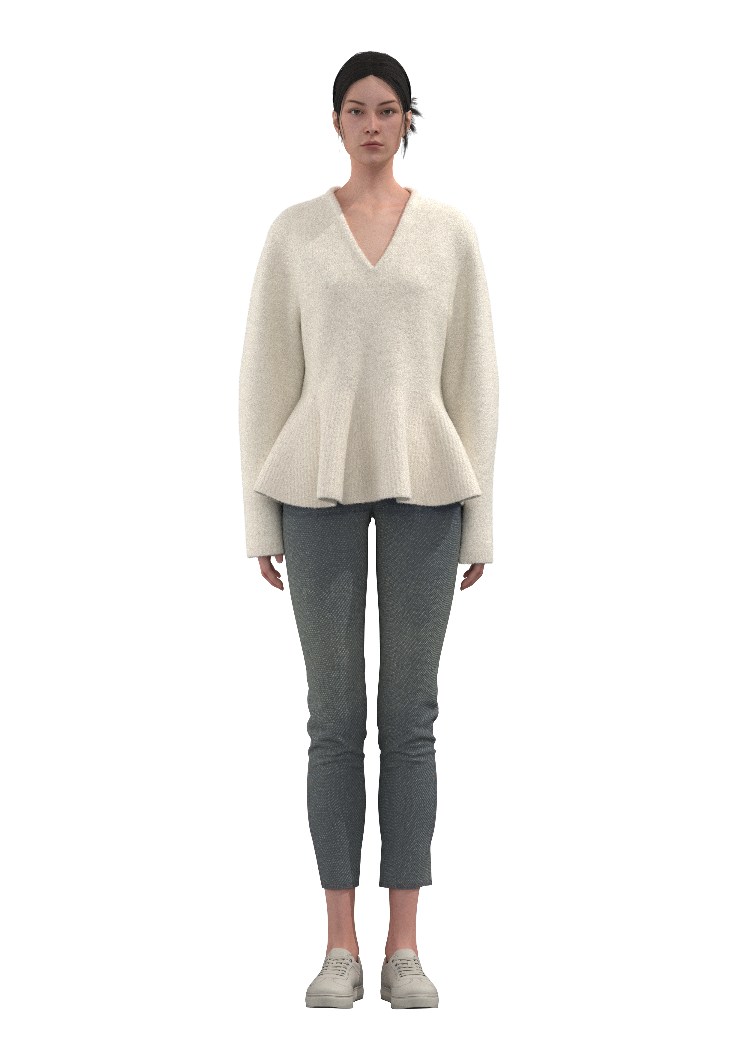 女式V领羊腿袖收腰荷叶下摆毛衫