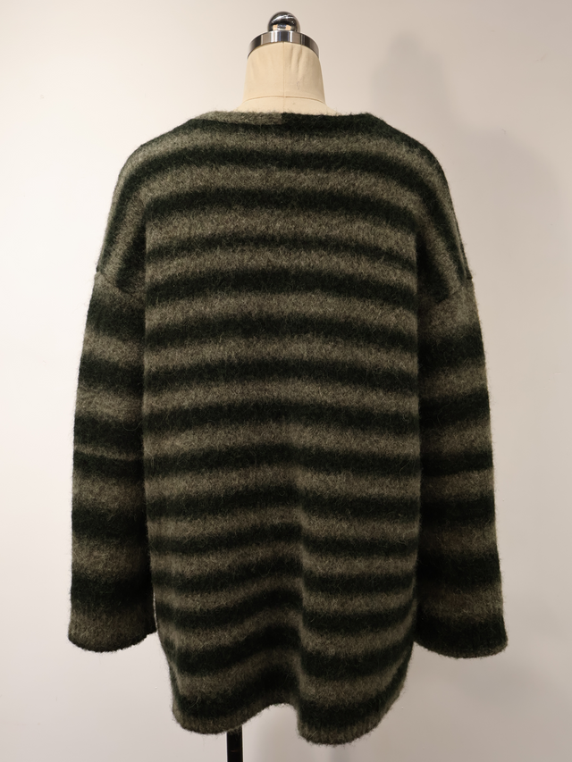 条纹深V领套头毛衫