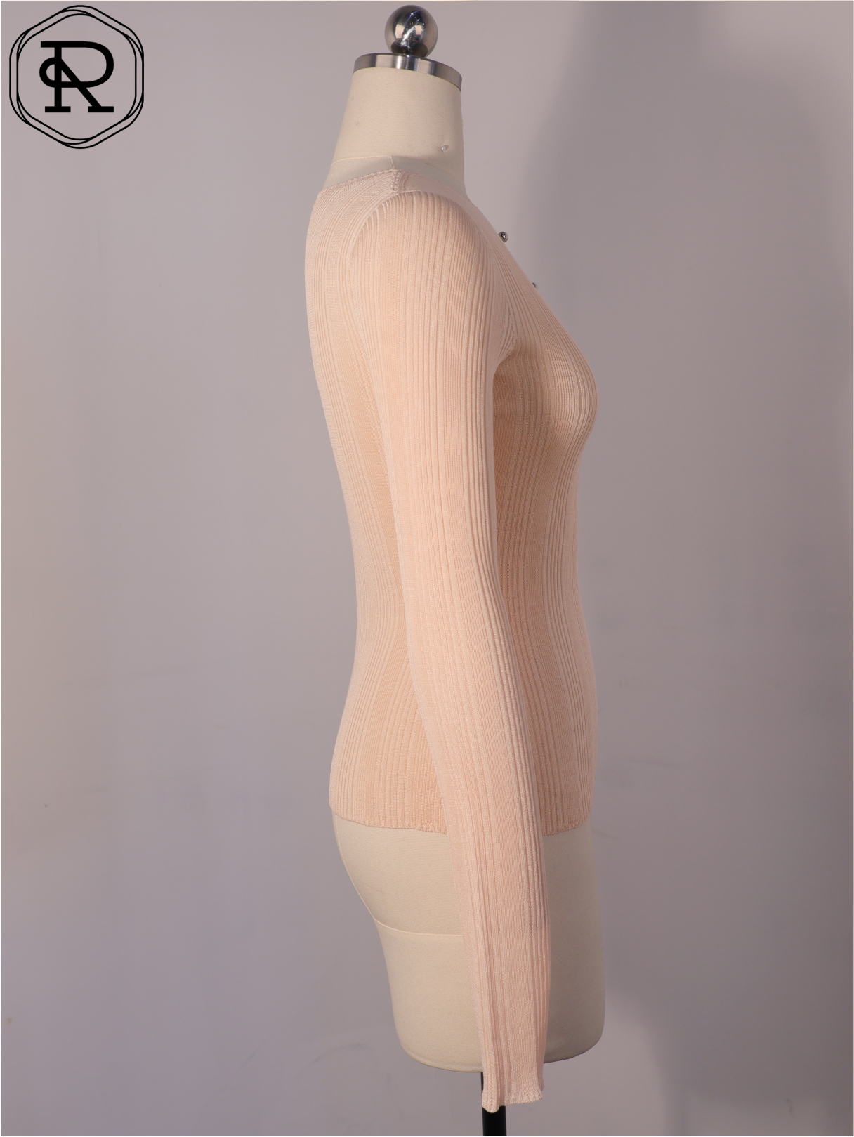 串珠锁孔罗纹针织长袖上衣