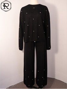 珍珠缀饰网眼针织两件套