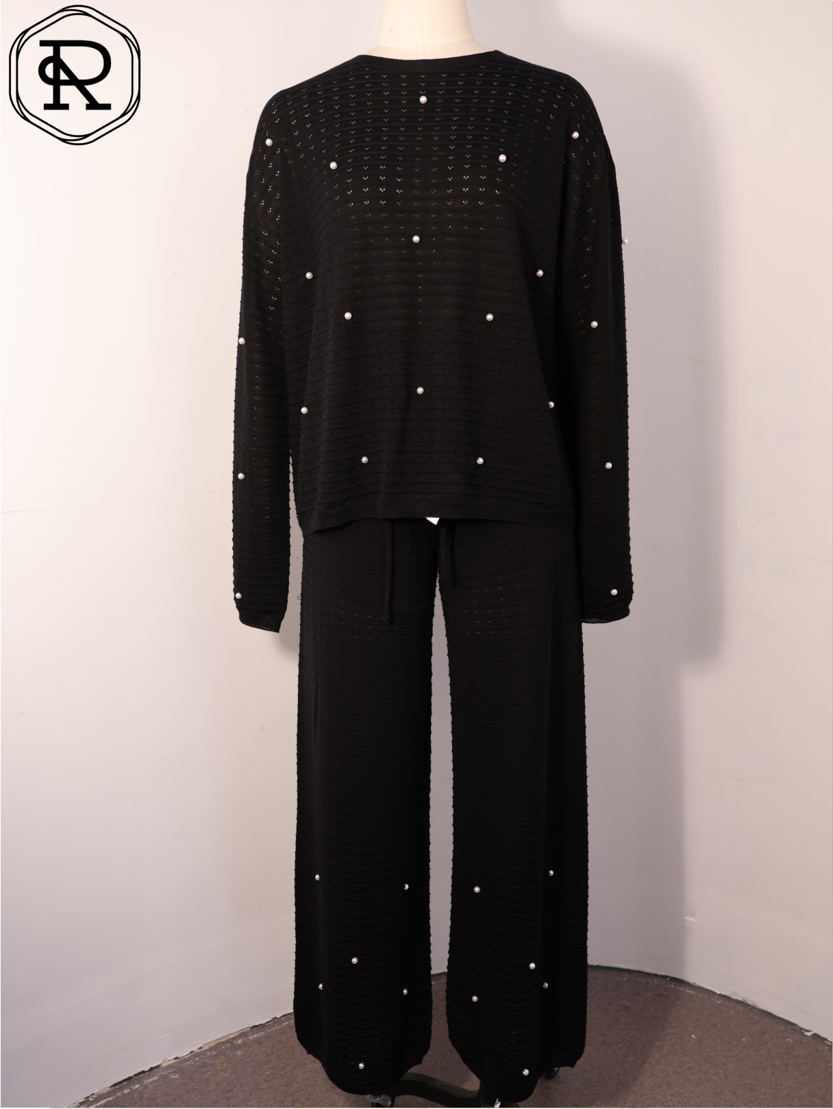 珍珠缀饰网眼针织两件套