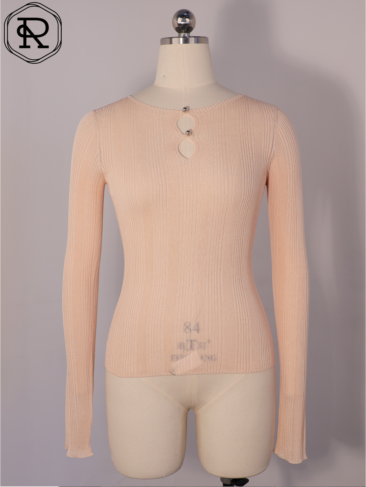 串珠锁孔罗纹针织长袖上衣