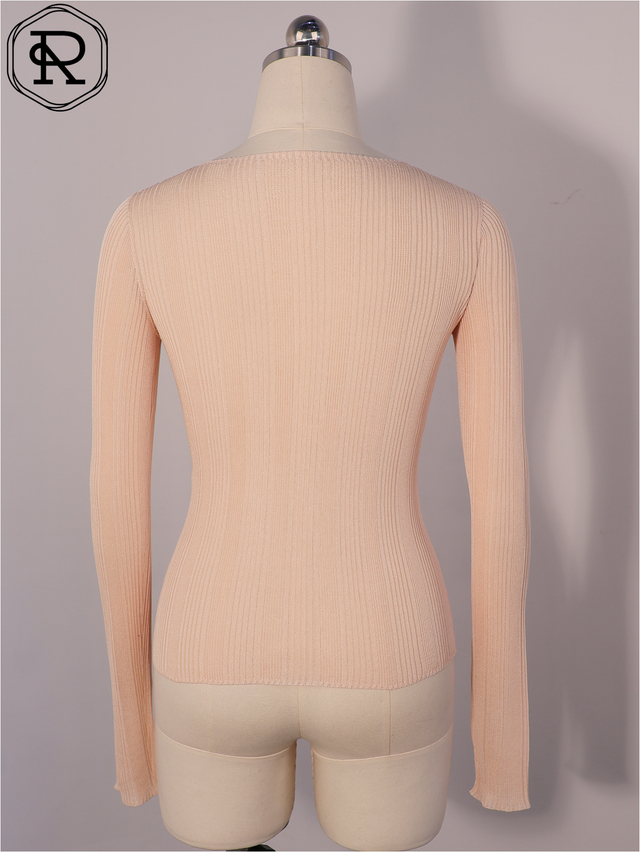 串珠锁孔罗纹针织长袖上衣