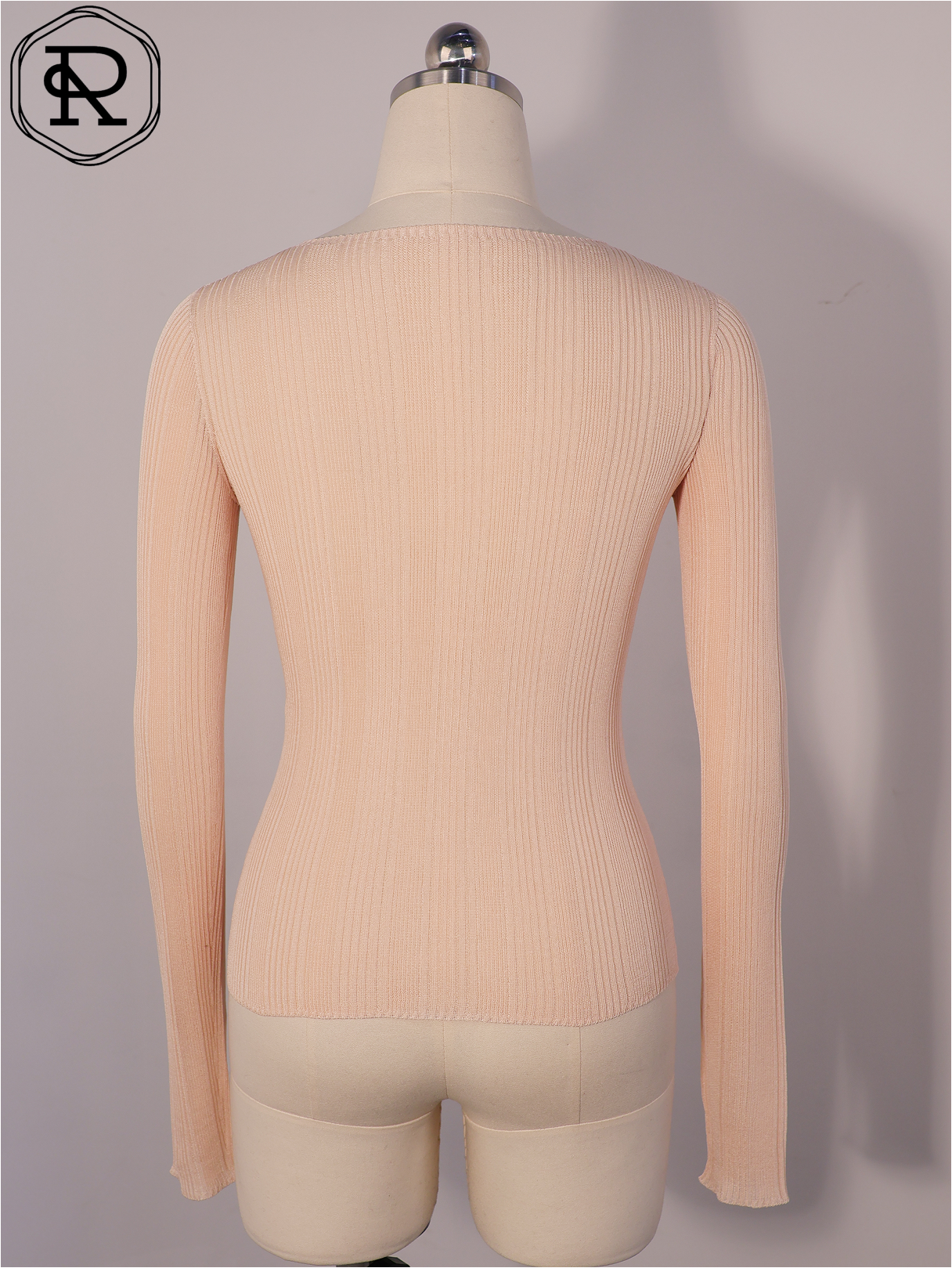 串珠锁孔罗纹针织长袖上衣