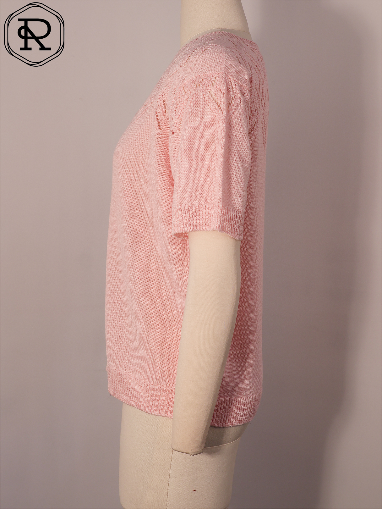 金属色 V 字形网眼抵肩短袖针织上衣