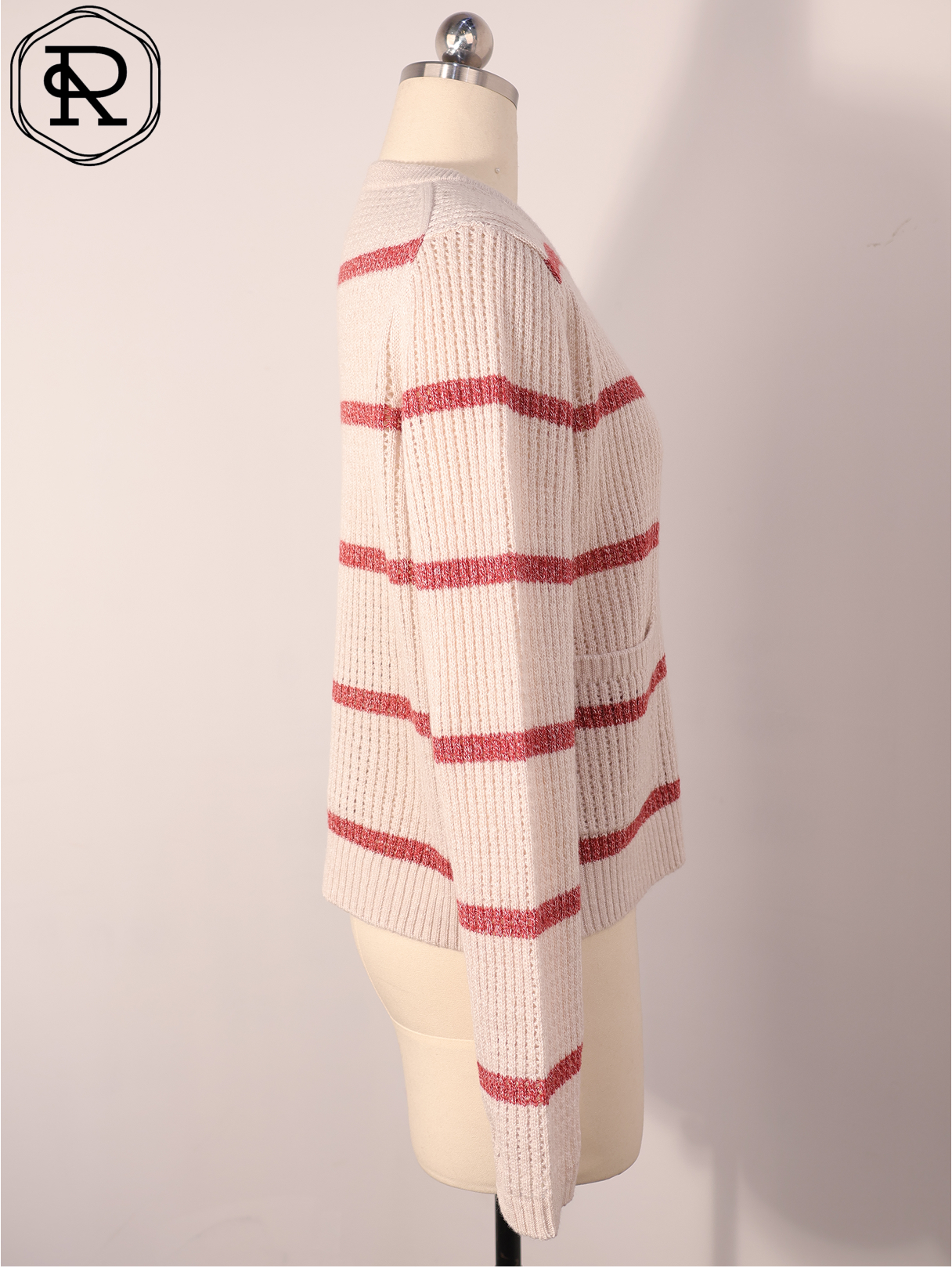 贴袋金属色条纹罗纹针织开衫