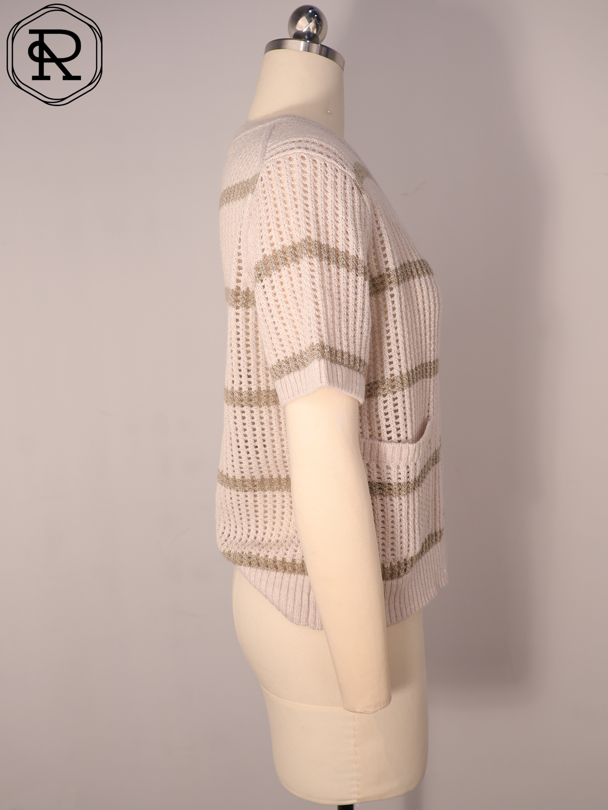 带口袋条纹挑窿短袖针织开衫