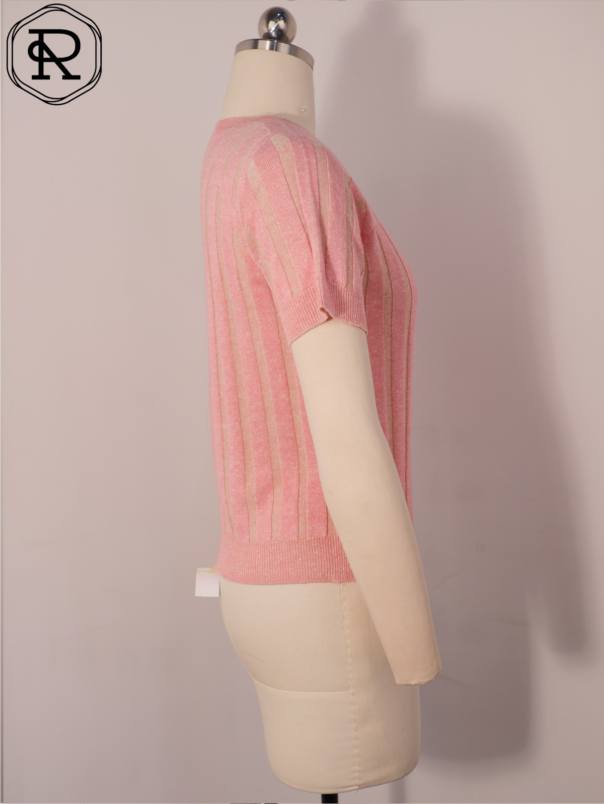 金属闪光竖条纹罗纹针织短袖上衣