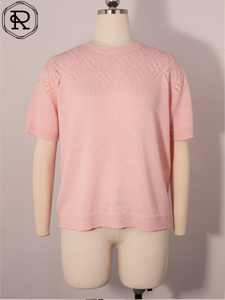 金属色 V 字形网眼抵肩短袖针织上衣