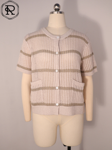 带口袋条纹挑窿短袖针织开衫