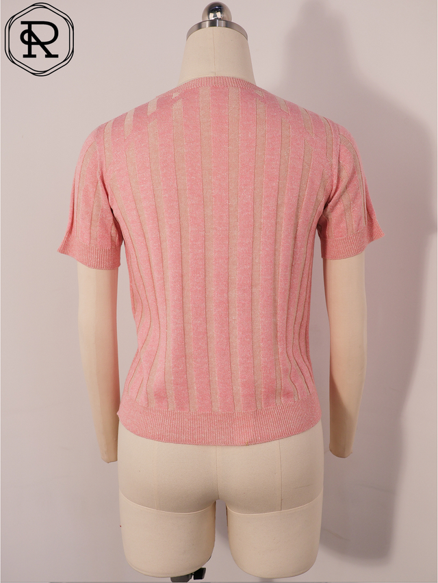 金属闪光竖条纹罗纹针织短袖上衣
