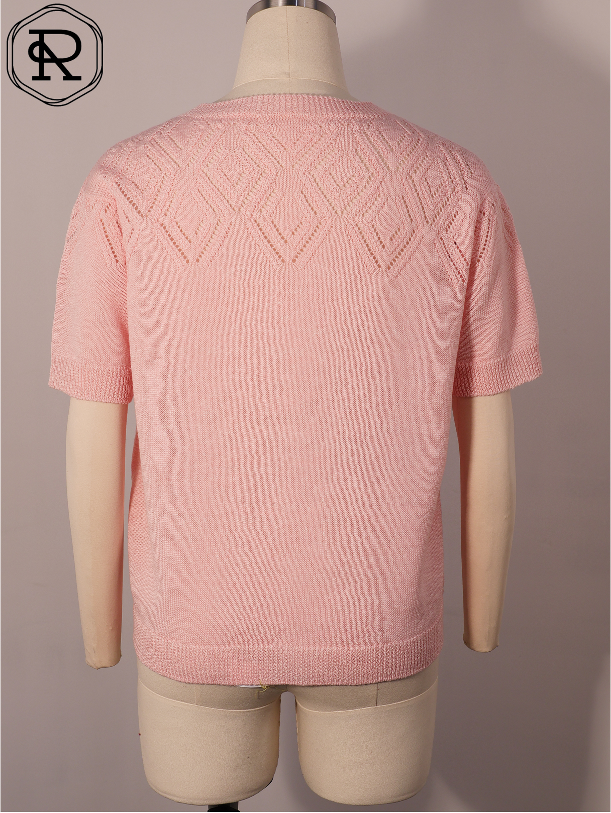 金属色 V 字形网眼抵肩短袖针织上衣