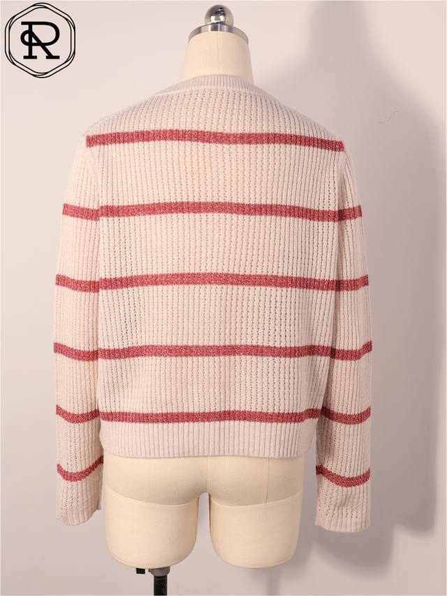 贴袋金属色条纹罗纹针织开衫