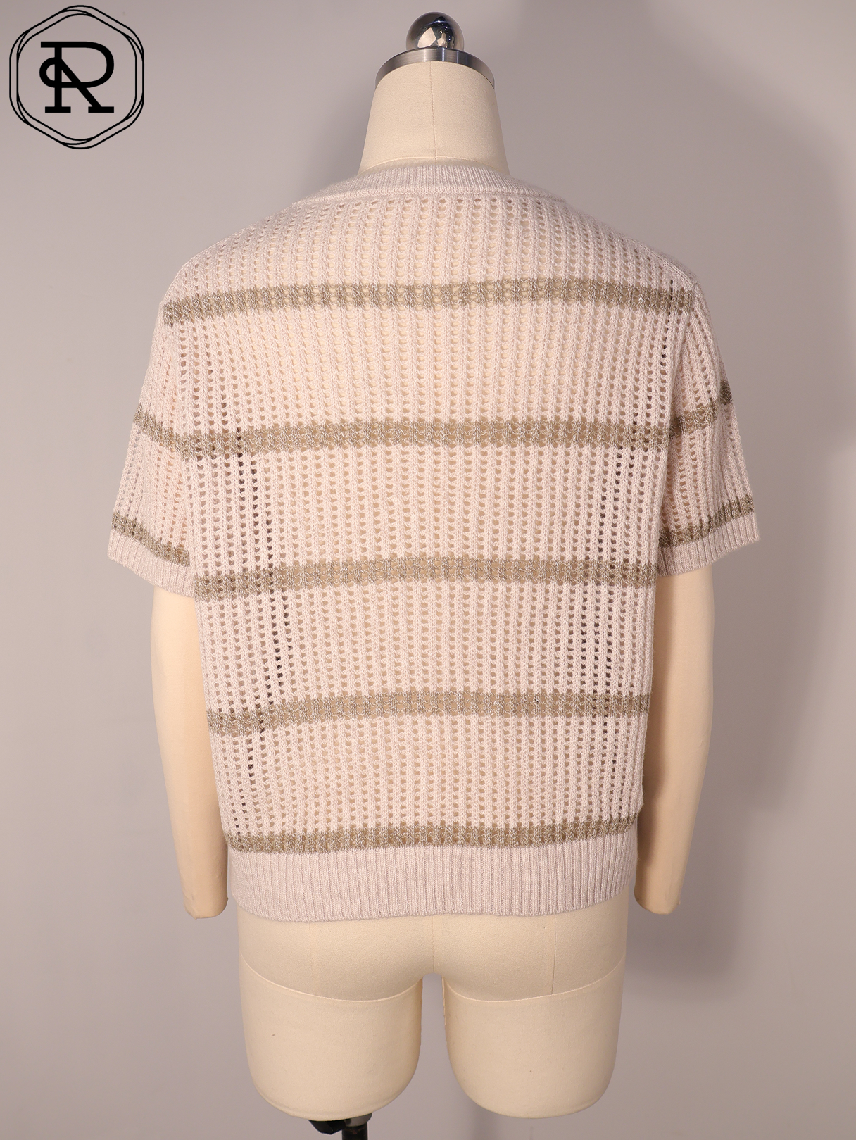 带口袋条纹挑窿短袖针织开衫